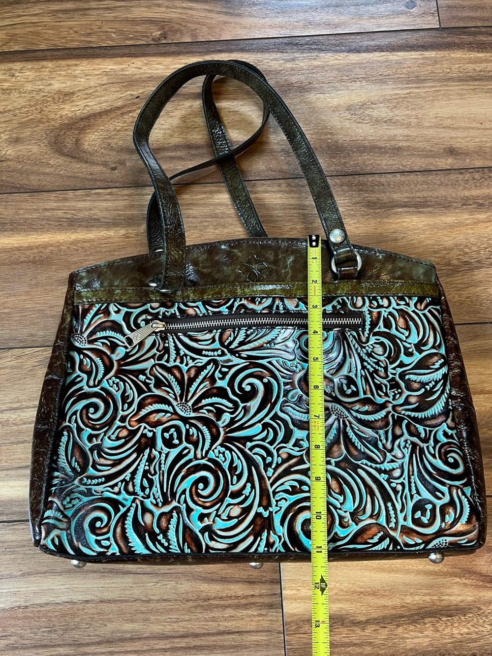 Patricia Nash “poppy” tooled leather turquoise teal shoulder bag tote purse - Picture 7 of 8